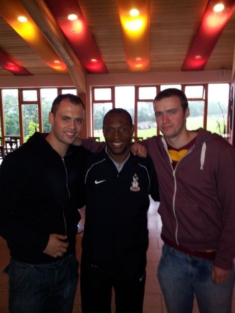 City fans Neil Liddle and Adam Pickles meet Kyel Reid